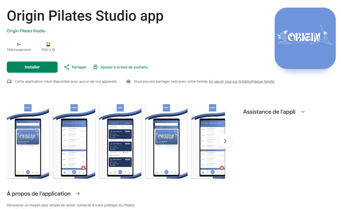 Application Origin Pilates Studio à Vernier – Réservation de cours de Pilates sur Android